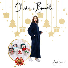 Load image into Gallery viewer, Artfasion&#39;s Christmas Gift Bundle Navy Blue Zip Up Bathrobe Plus Cute Christmas Socks (5 Pairs)
