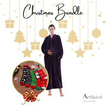 Load image into Gallery viewer, Artfasion&#39;s Christmas Bundle Purple Zip Up Bathrobe Plus Cute Christmas Socks (5 Pairs)
