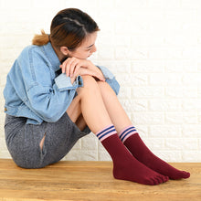 Load image into Gallery viewer, red 5 finger crew socks for women
