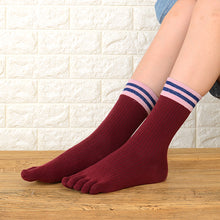 Load image into Gallery viewer, red 5 finger crew socks for women
