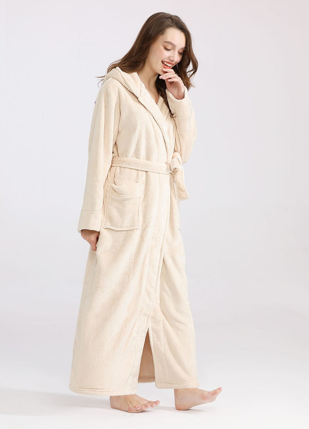 Artfasion Fluffy Plush Grey Dressing Gown Bathrobe with Hood and Wide