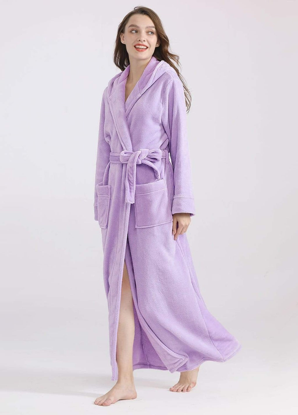 purple dressing gown ladies Artfasion Light Long Sleeves Ankle Length Fluffy Flannel Bathrobe with Hood Sleep Wear Winter Wedding Robe Luxury Quality Bathrobe Gift Ideas deep v dress
