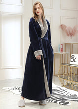 Load image into Gallery viewer, Navy Blue Fluffy bathrobe with wide shawl collar
