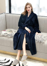 Load image into Gallery viewer, Long Flannel navy blue bathrobe
