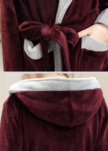 Load image into Gallery viewer, Artfasion Fluffy Plush Red Wine Dressing Gown Bathrobe with Hood and Wide Shawl Collar Wedding Winter Bathrobe Luxury Bathrobe Quality
