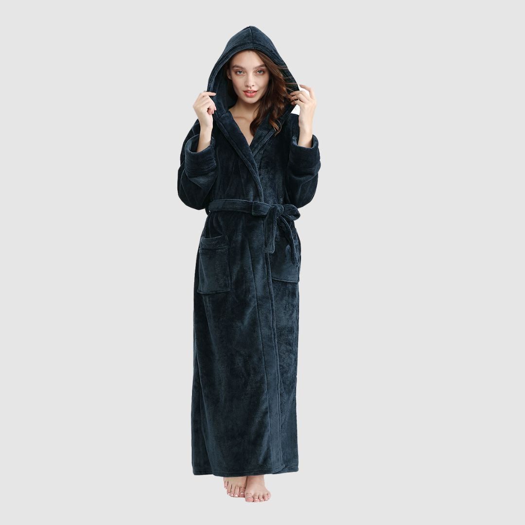 Artfasion Dark Blue Long Sleeves Ankle Length Fluffy Flannel Dressing Gown  Bathrobe with Hood Sleep Wear Winter Wedding Robe Luxury Quality Bathrobe  Gift Ideas