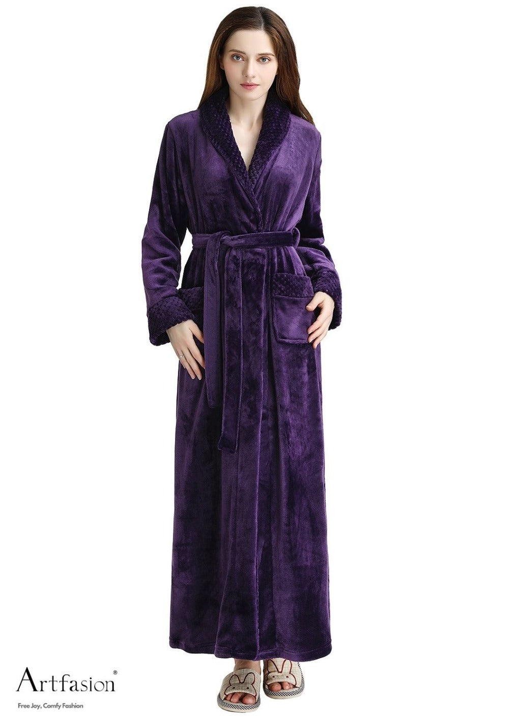 Artfasion Classic Purple Unisex Long Flannel Dressing Gown Bathrobe for Men and Women