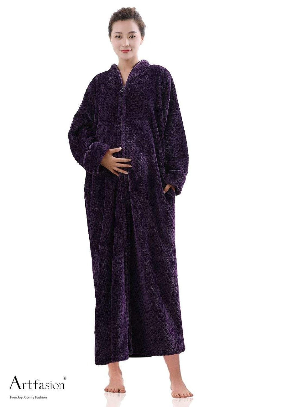 purple zip up flannel bathrobe