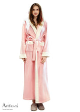 Load image into Gallery viewer, Artfasion Fluffy Plush Pink Dressing Gown Bathrobe with Hood and Wide Shawl Collar Wedding Winter Bathrobe Luxury Bathrobe Quality
