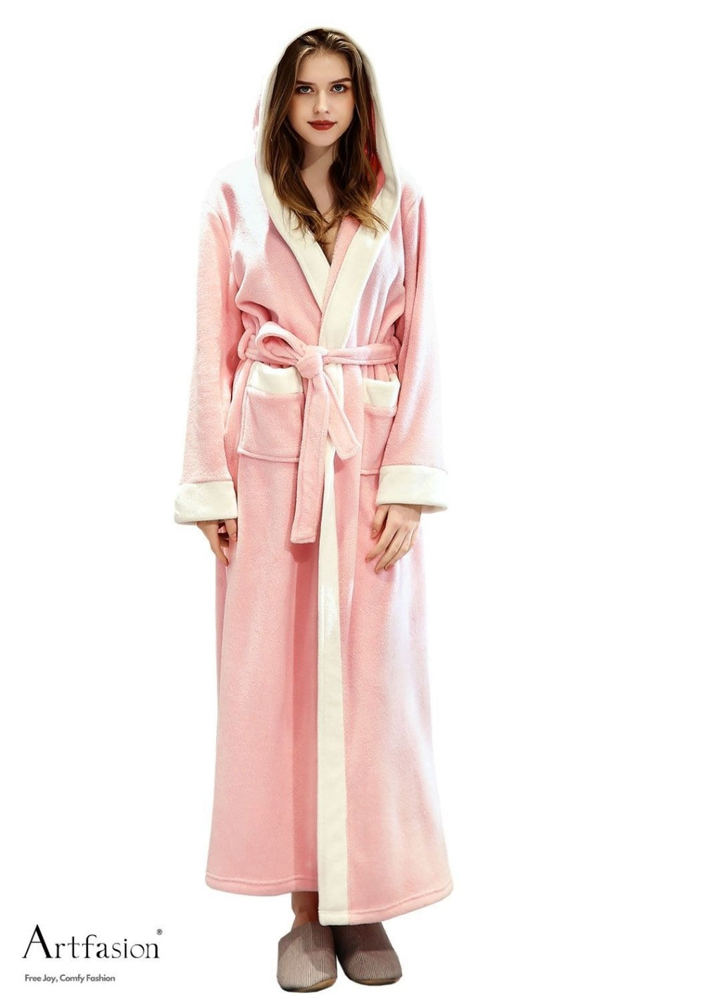 Artfasion Fluffy Plush Pink Dressing Gown Bathrobe with Hood and Wide Shawl Collar Wedding Winter Bathrobe Luxury Bathrobe Quality