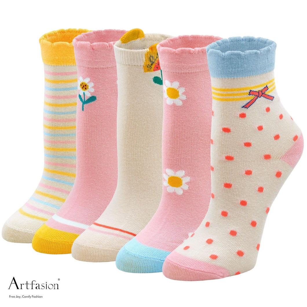 Artfasion Spring Design Flower Pink Socks for Girls Kids, 5 Pairs