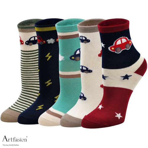 5 pairs cotton cars crew socks for boys