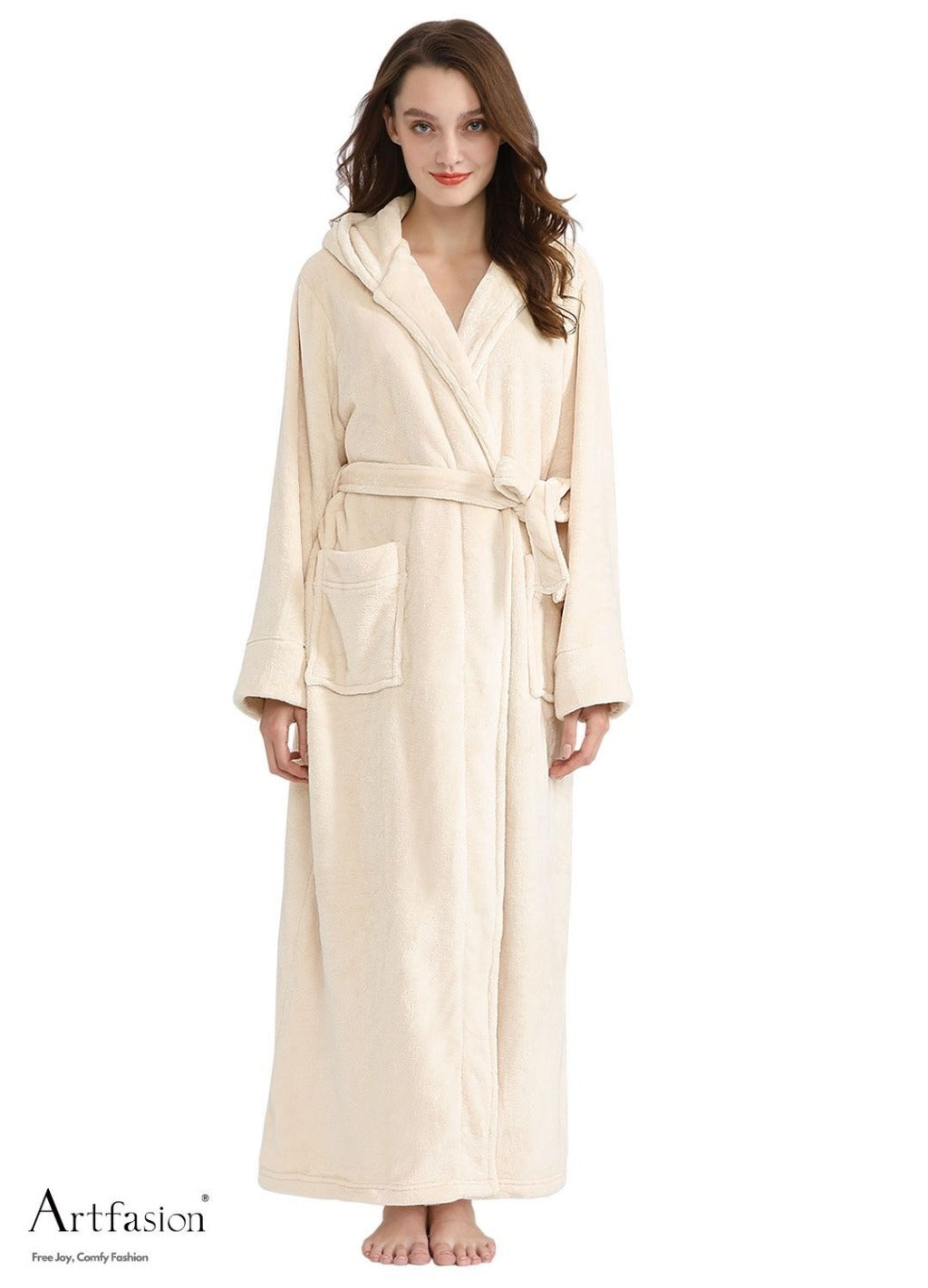 Artfasion Beige Long Sleeves Ankle Length Fluffy Flannel Dressing Gown Bathrobe with Hood Sleep Wear Winter Wedding Robe