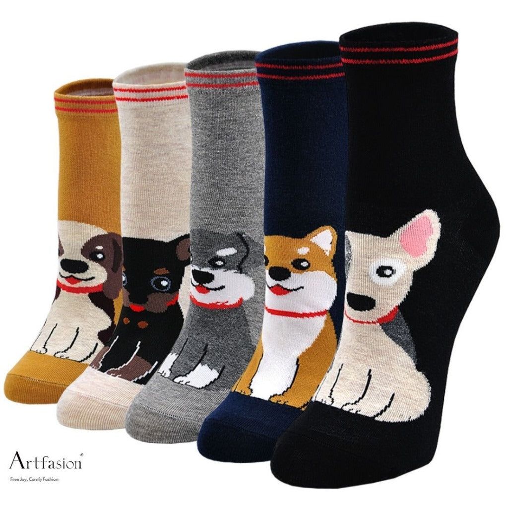 5 pairs cute dog crew socks for women