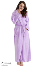 Load image into Gallery viewer, Artfasion Light Purple Long Sleeves Ankle Length Fluffy Flannel Dressing Gown Bathrobe with Hood Sleep Wear Winter Wedding Robe
