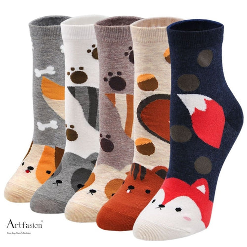 5 pairs cute animal crew socks for women