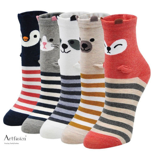 5 pairs stripes animal crew socks