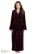 Load image into Gallery viewer, Artfasion Wine Red Long Sleeves Ankle Length Fluffy Flannel Dressing Gown Bathrobe with Hood Sleep Wear Winter Wedding Robe
