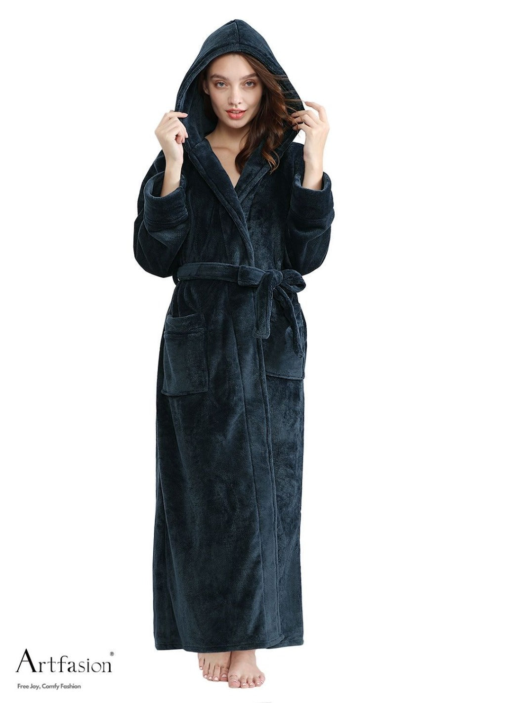 Artfasion Dark Blue Long Sleeves Ankle Length Fluffy Flannel Dressing Gown Bathrobe with Hood Sleep Wear Winter Wedding Robe