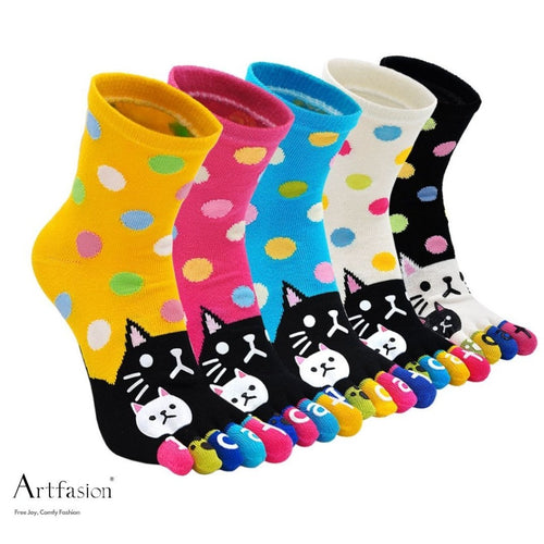 5 pairs polka dots cat crew socks for women