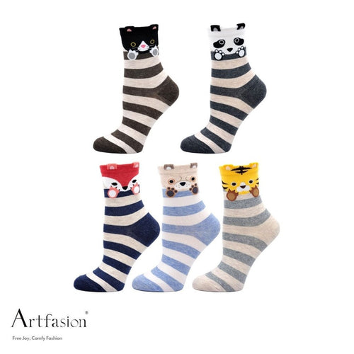 5 pairs stripes animal socks for women