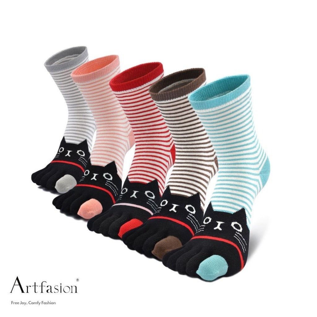 5 pairs stripes cat socks for women